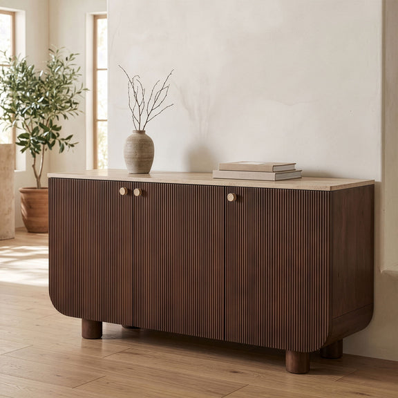 Dark brown mango wood buffet with two doors and round knobs on ribbed front
