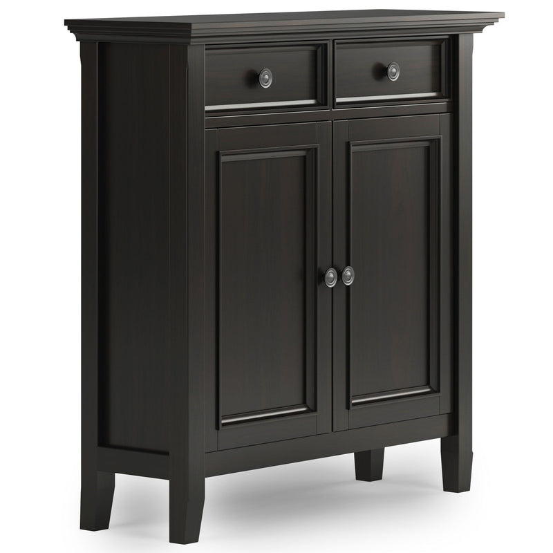 Amherst hickory brown cabinet with two drawers, double doors, and metal knobs