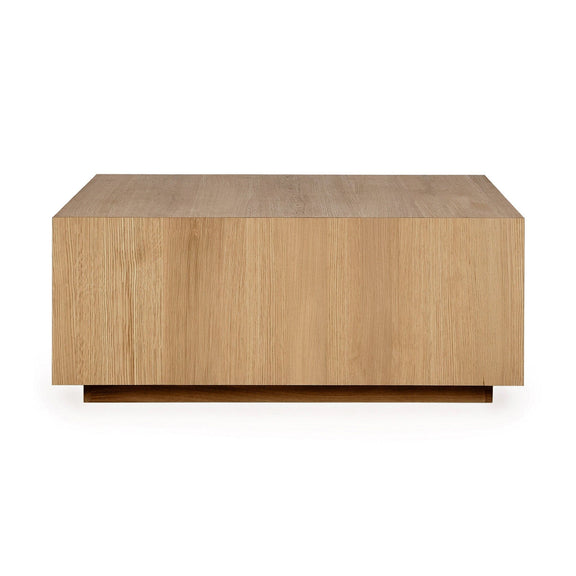Square coffee table in natural oak wood with smooth tabletop and low caster-style base