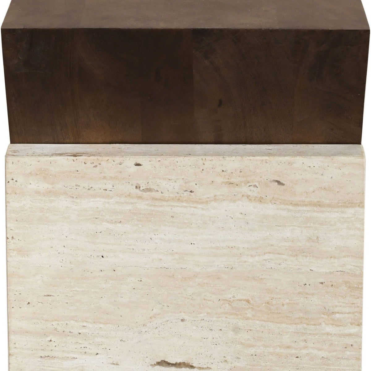 Opus - Travertine And Mango Wood End Table - Brown / Beige