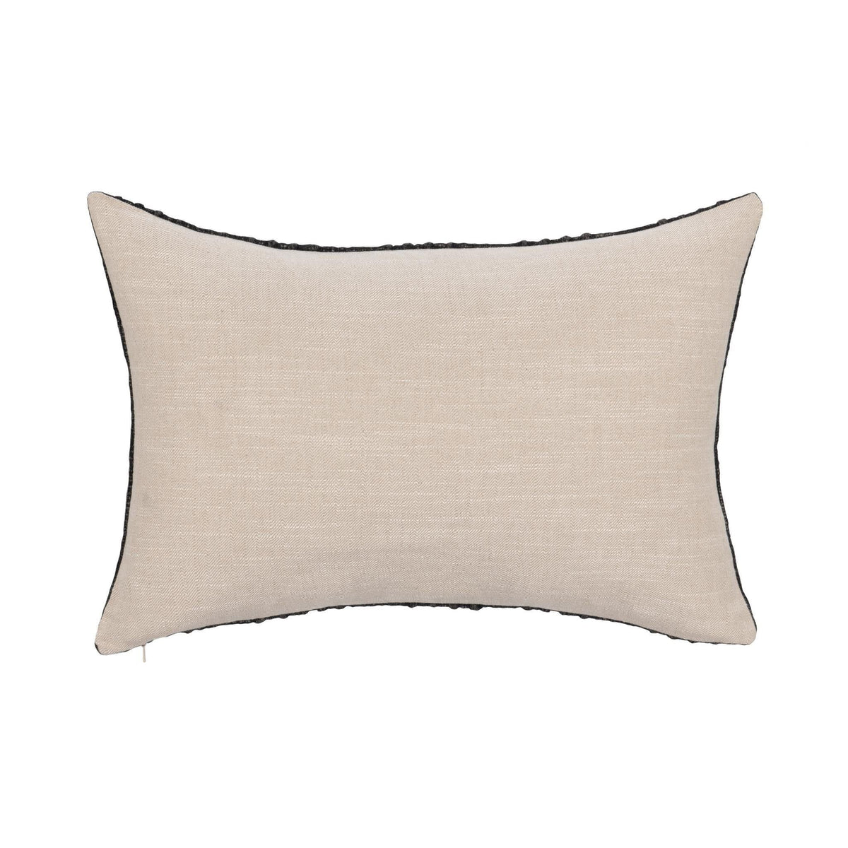 Beige square throw pillow with smooth woven fabric and thin black piping