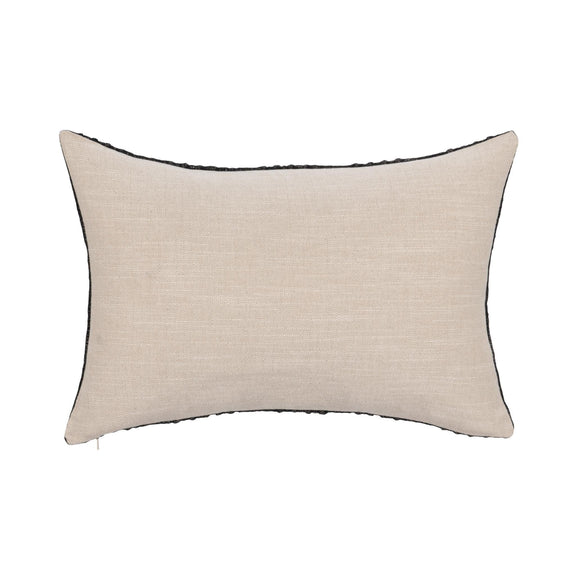 Beige square throw pillow with smooth woven fabric and thin black piping