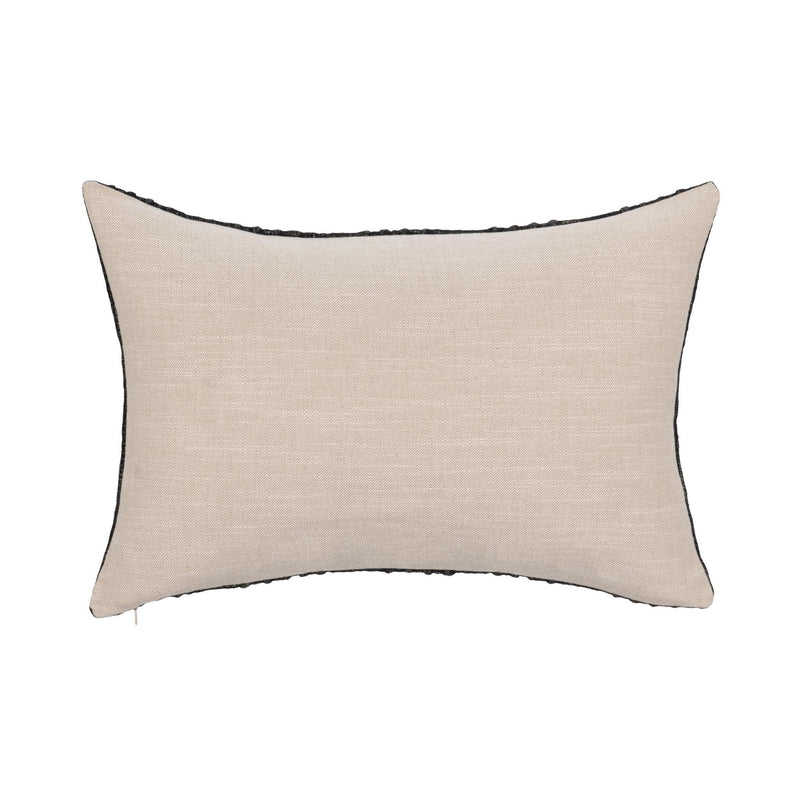 Beige square throw pillow with smooth woven fabric and thin black piping