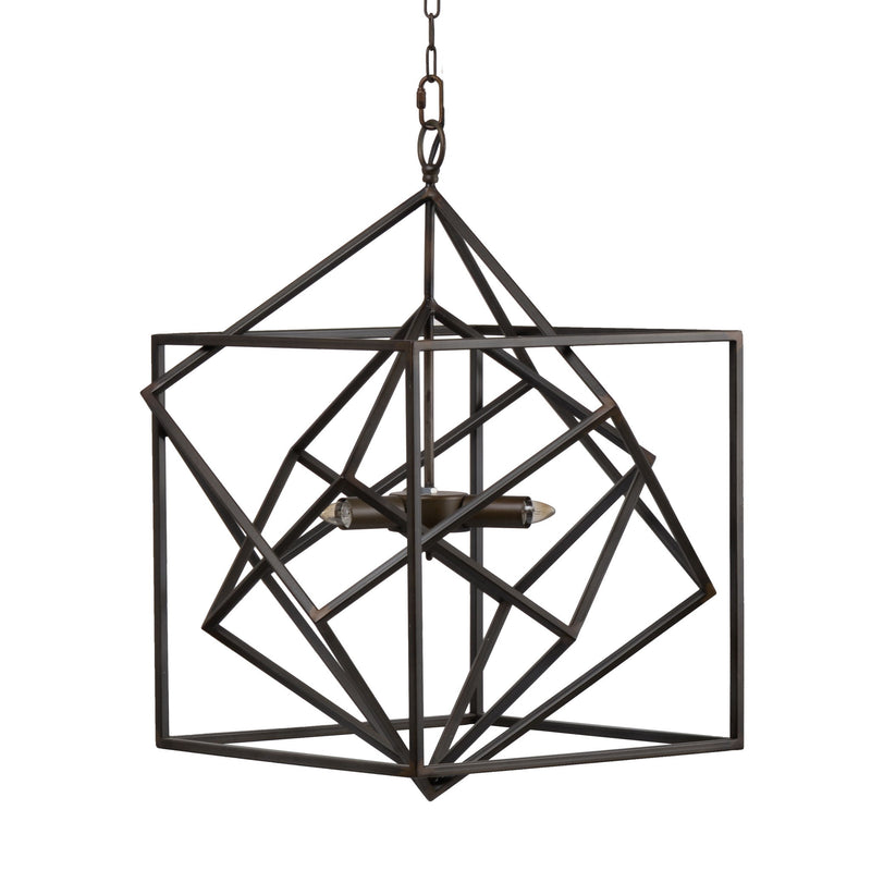 Black metal 3-light geometric cube chandelier with hanging chain and open cage frame