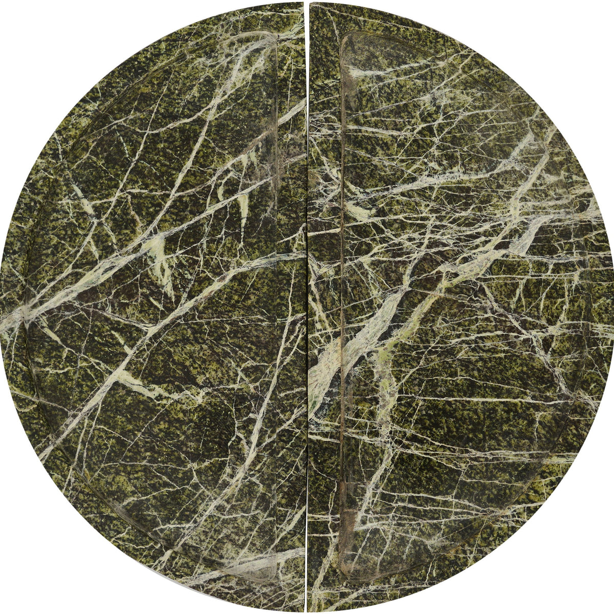 Green marble tray with white veining, circular two-section design