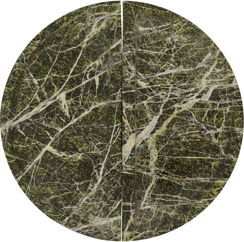 Green marble tray with white veining, circular two-section design