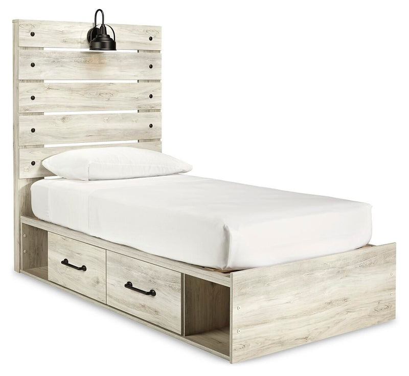 Cambeck panel bed with light wood frame, white mattress, and two front drawers
