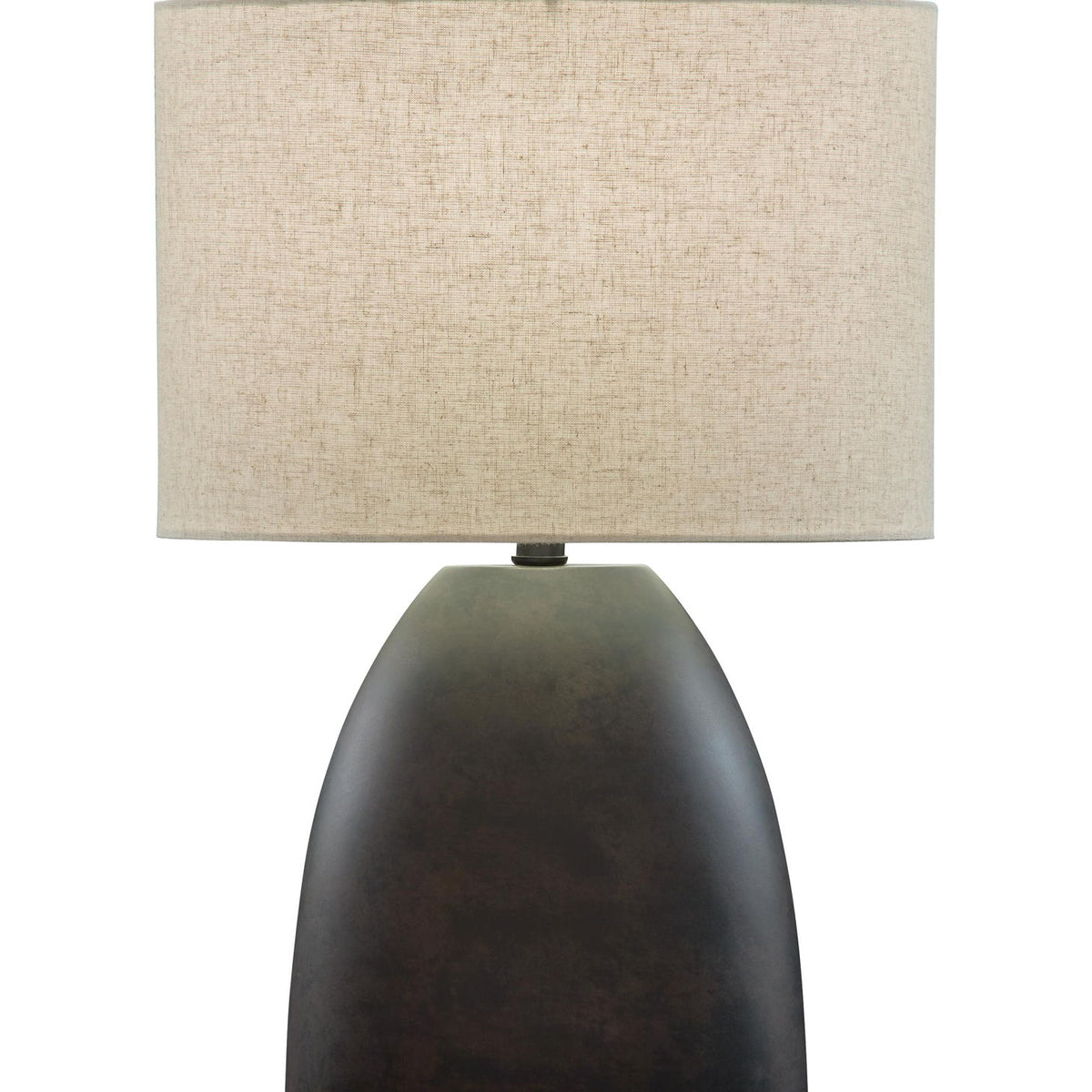 Antique black table lamp with beige fabric shade and round top finial