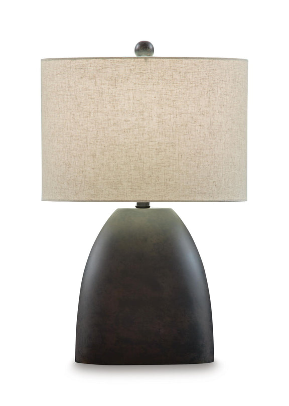 Antique black table lamp with beige fabric shade and round top finial