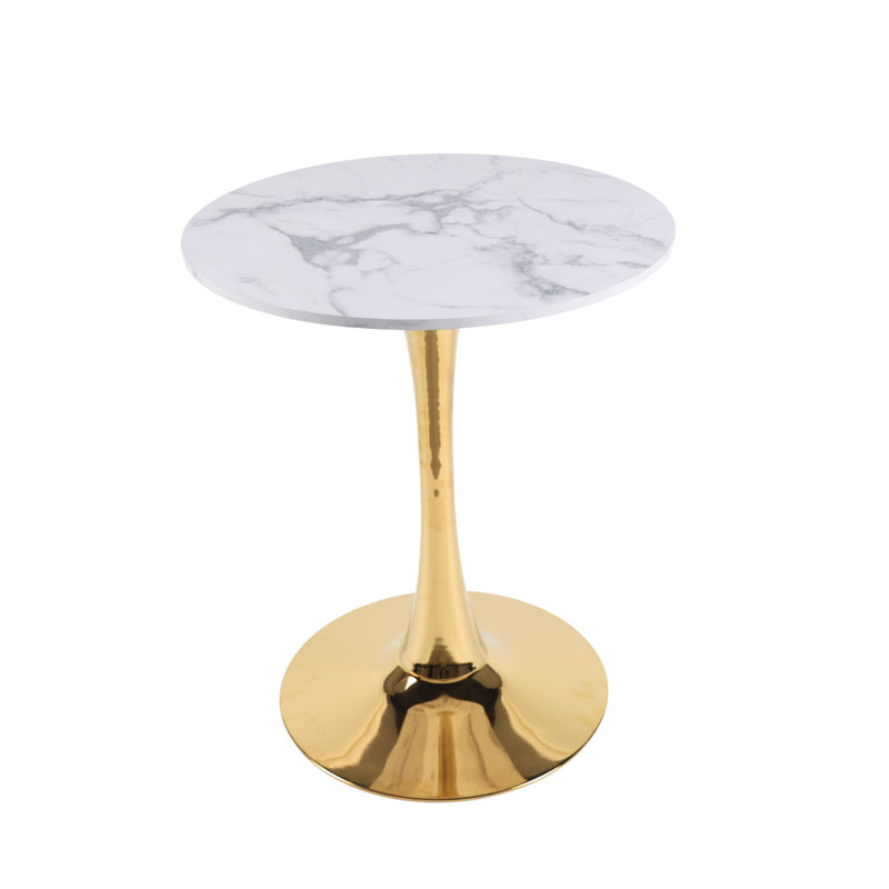 Round pedestal dining table with white marble-look round top and gold pedestal base
