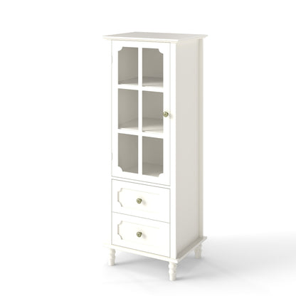 White buffet cabinet with glass door and two drawers, gold knobs, open shelving