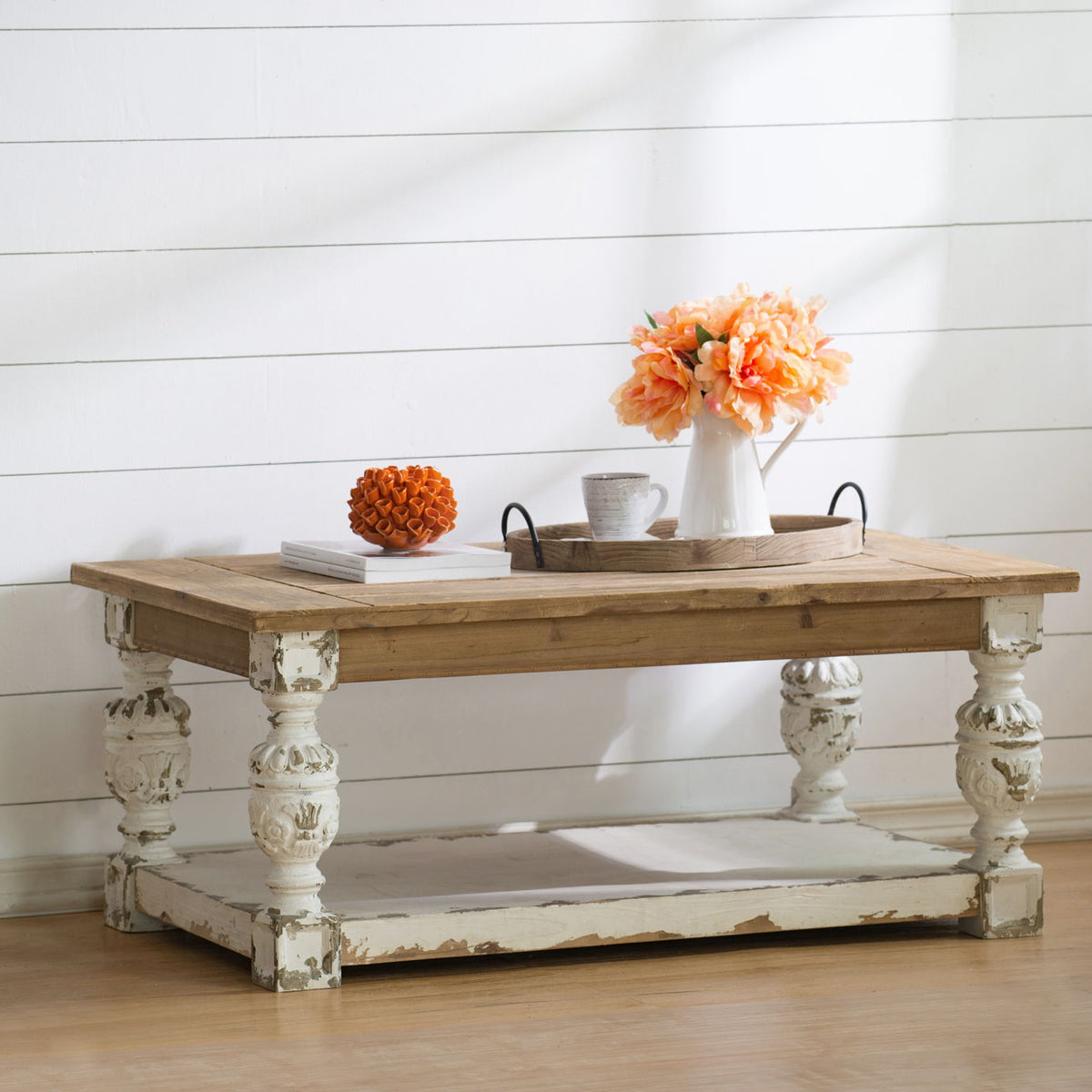 Rectangle wooden coffee table with brown top and antique white turned legs