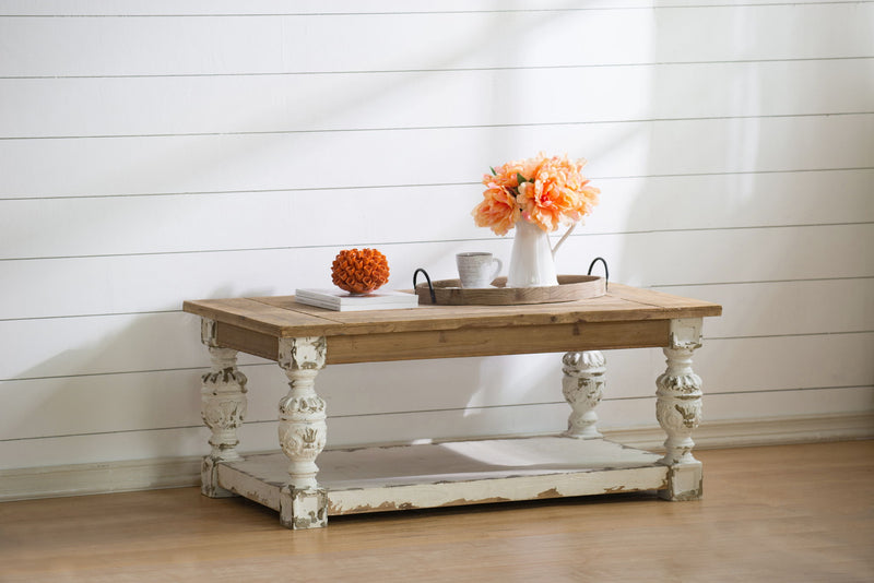 Rectangle wooden coffee table with brown top and antique white turned legs