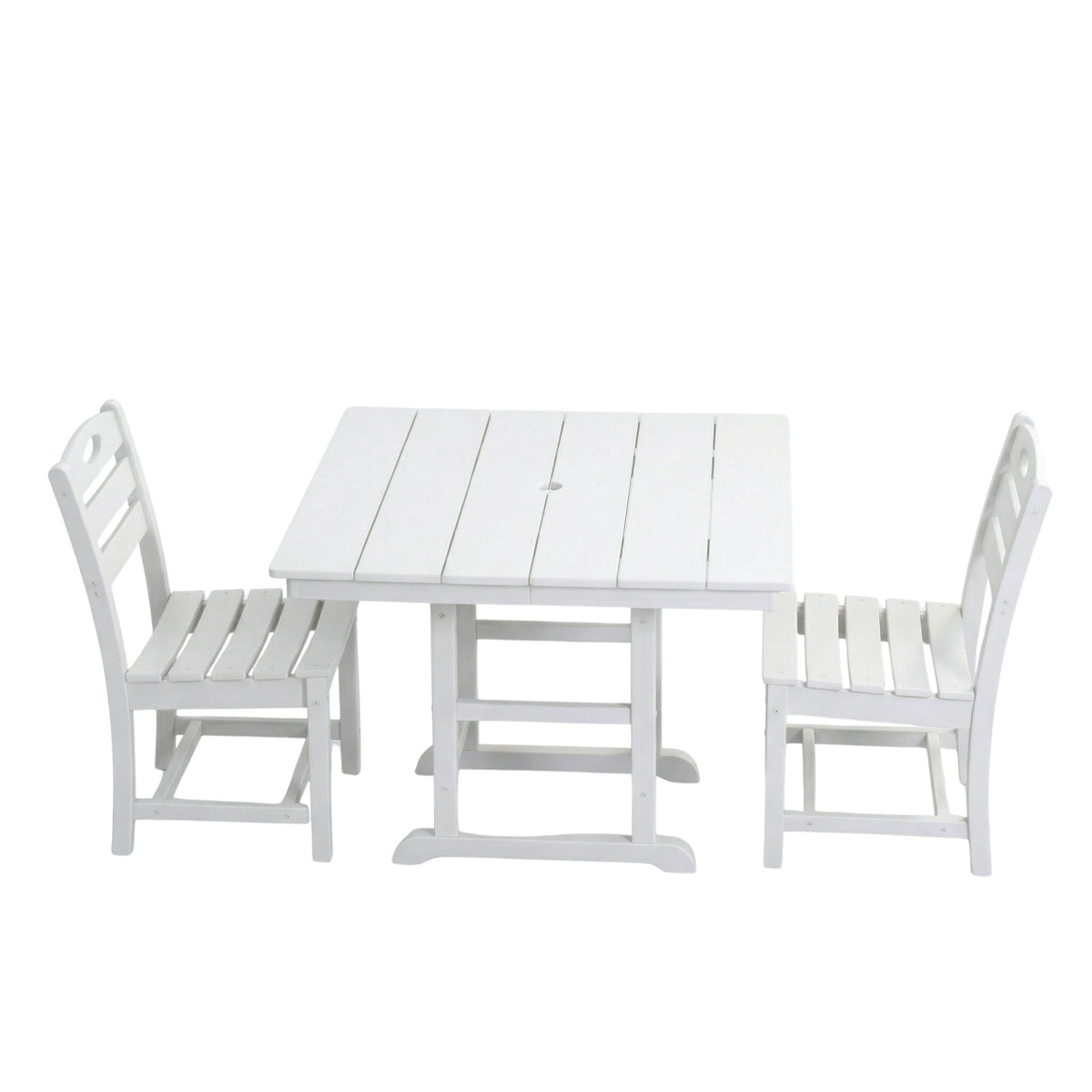White square outdoor dining table with umbrella hole with two armless chairs