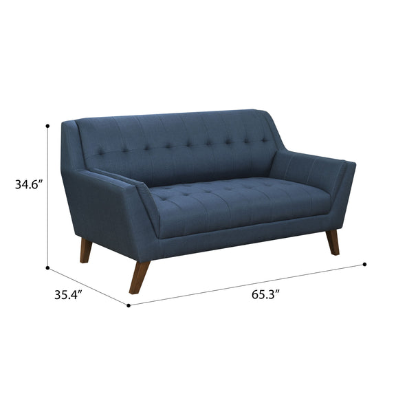 Blue fabric loveseat with tufted back, rolled arms, and wooden legs; size dimensions shown.