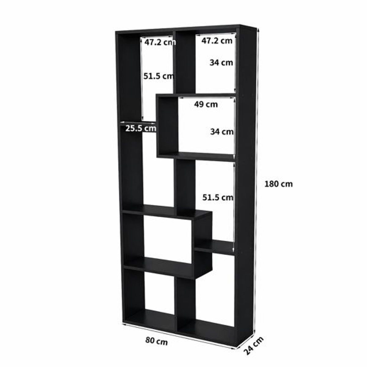 Black 5-tier asymmetrical display shelf with shown measurements and open cubbies