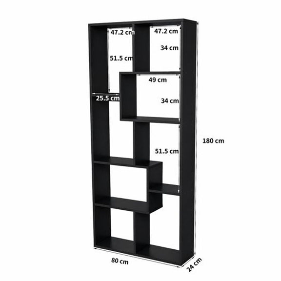 Black 5-tier asymmetrical display shelf with shown measurements and open cubbies