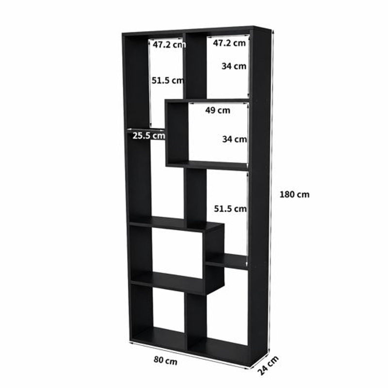 Black 5-tier asymmetrical display shelf with shown measurements and open cubbies