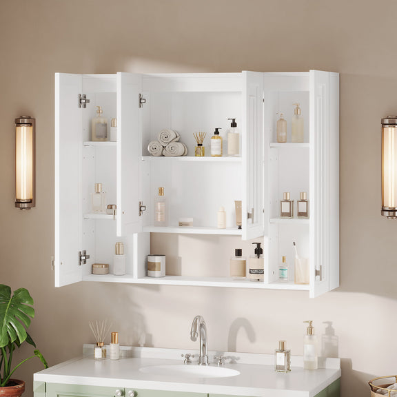 White bathroom wall cabinet interior with five open shelves and soft-close door hinges