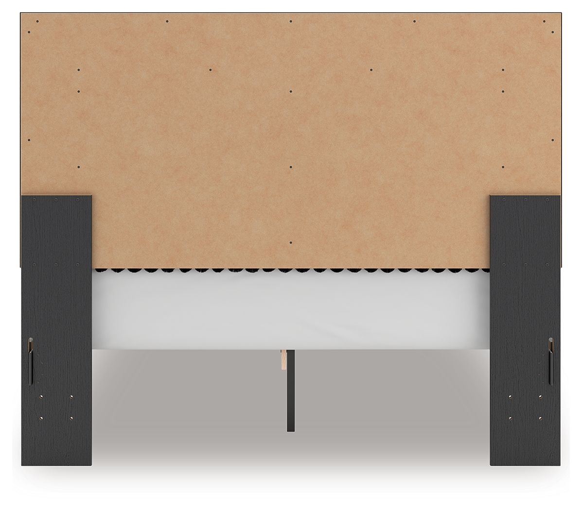 Upholstered panel platform bed base with dark side rails and tan upholstered panel