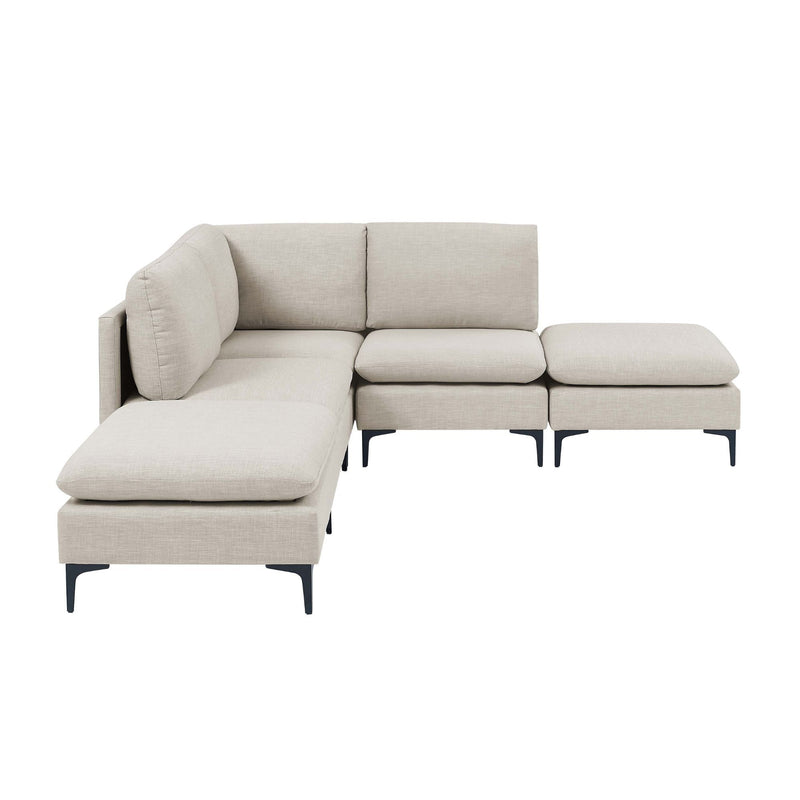 Beige L-shaped modular sectional with tall legs, medium-firm seat and chaise ottoman