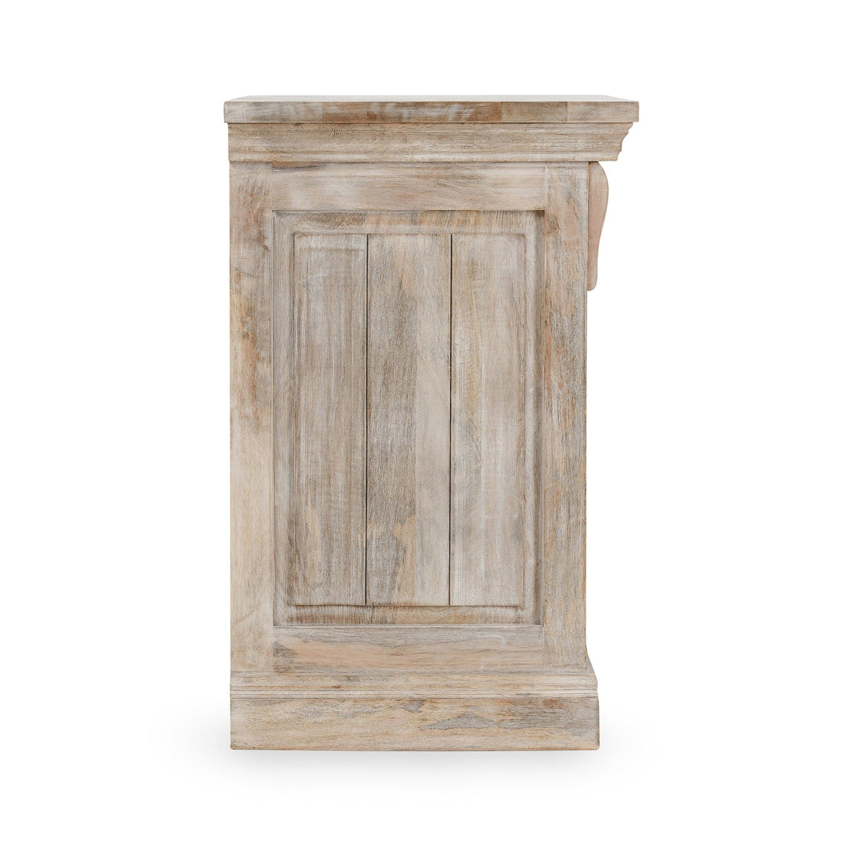 Cream wood nightstand with paneled front door and beveled edges