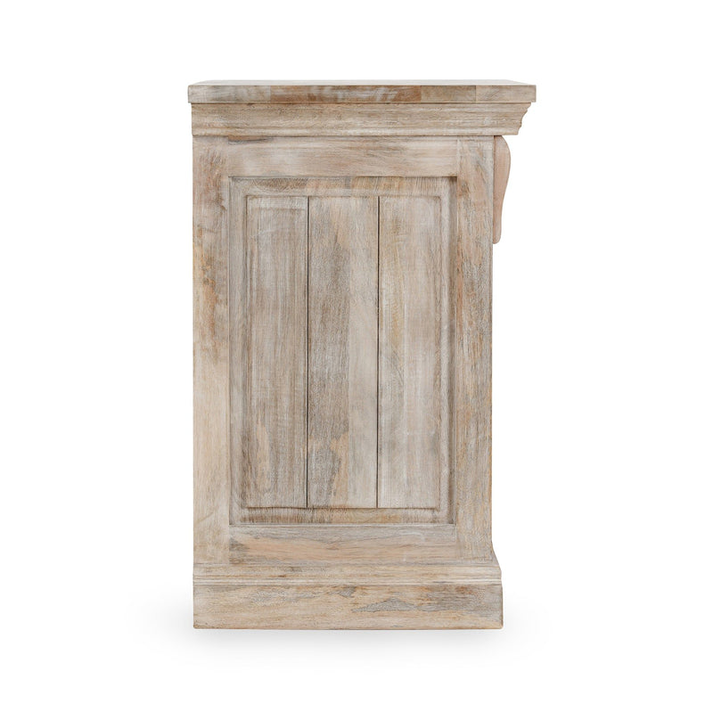 Cream wood nightstand with paneled front door and beveled edges