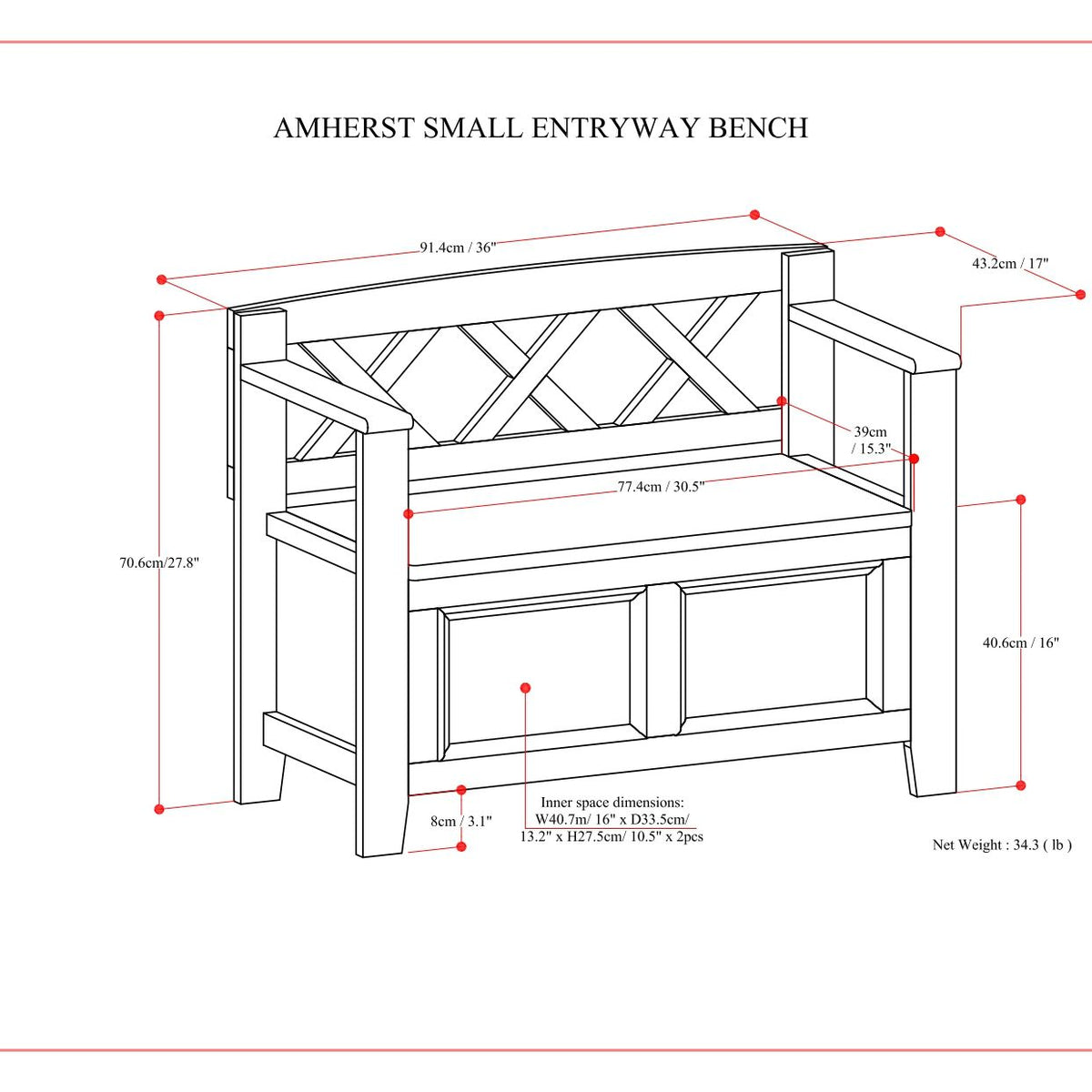 Amherst - Small Transitional Entryway Storage Bench