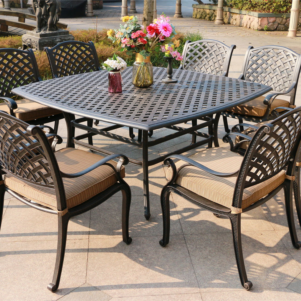 Square 8 Person 63.98" Long Dining Set With Dupione Brown Cushions