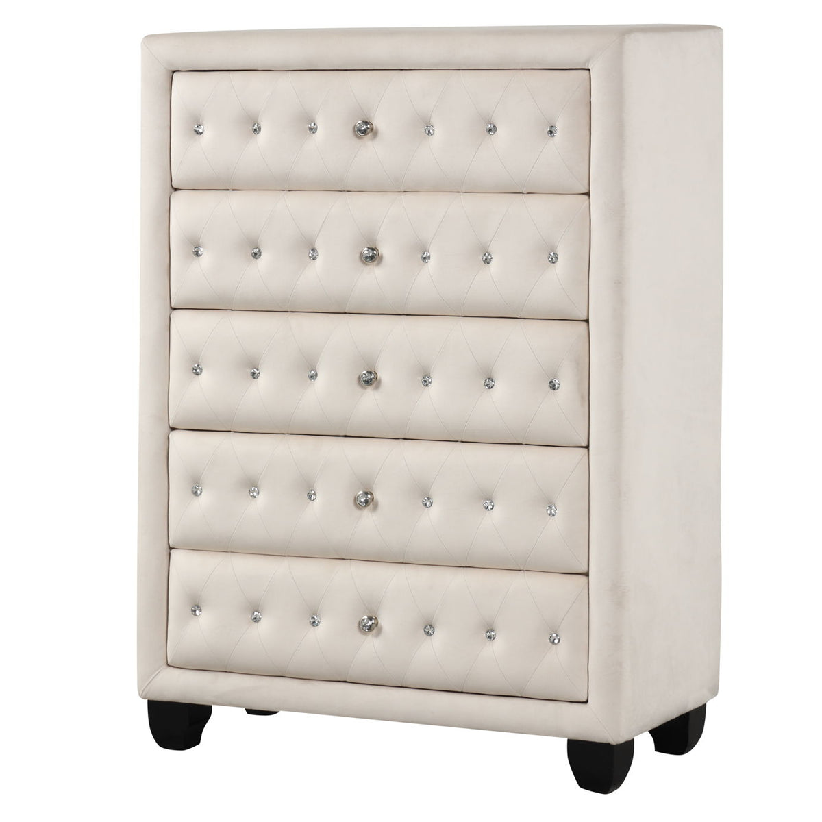 Beige 5-drawer upholstered chest with tufted buttons on each drawer front and dark feet.