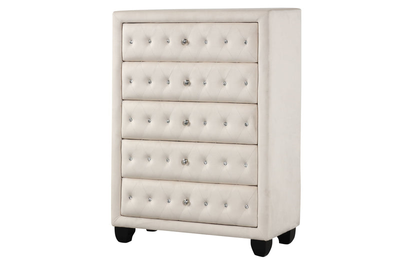 Beige 5-drawer upholstered chest with tufted buttons on each drawer front and dark feet.
