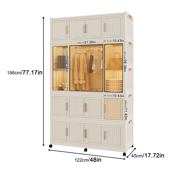 Creamy white wardrobe storage organizer with magnetic doors and hanging rail, front view