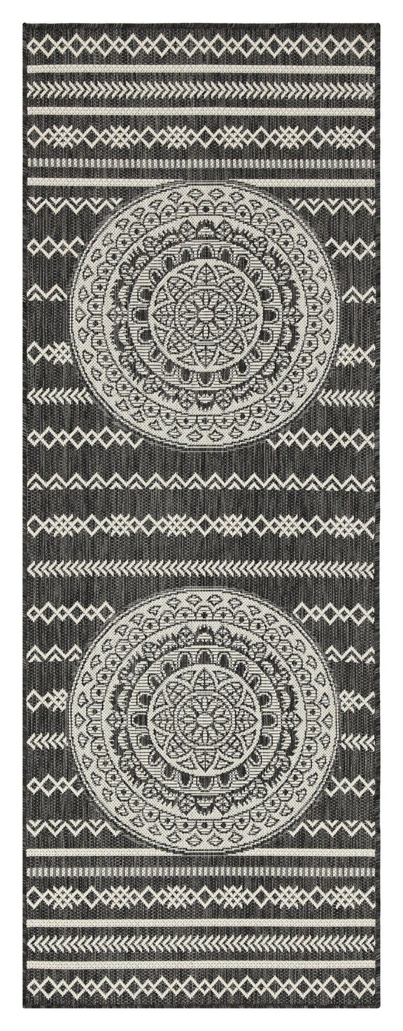 Indoor/outdoor area rug with black background, blue circular mandala medallions, and stripes