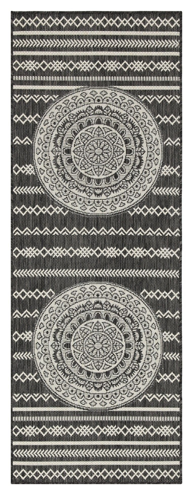 Indoor/outdoor polypropylene rug, dark geometric medallion and border pattern
