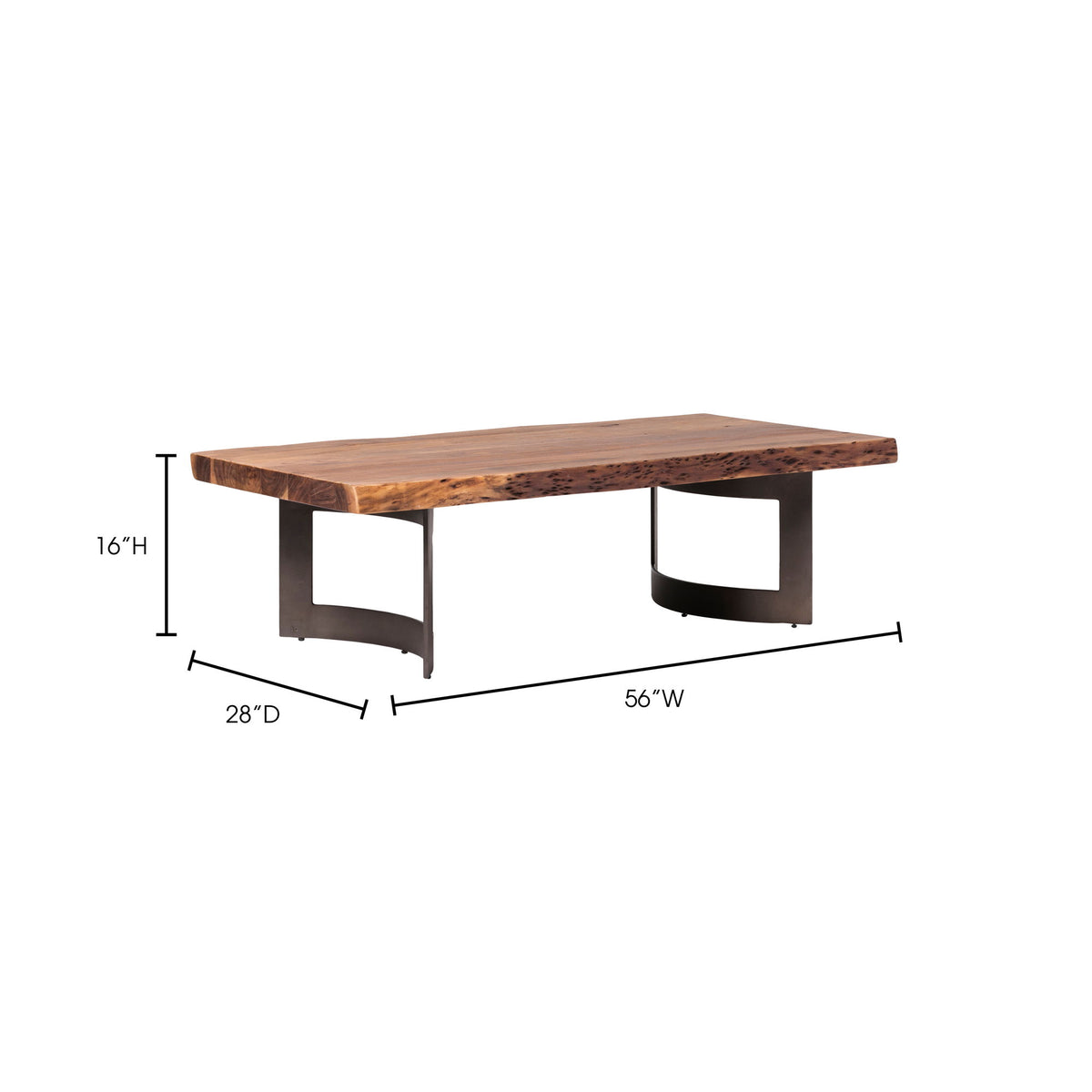 Smoked wood coffee table with metal legs, 56W x 28D x 16H dimensions