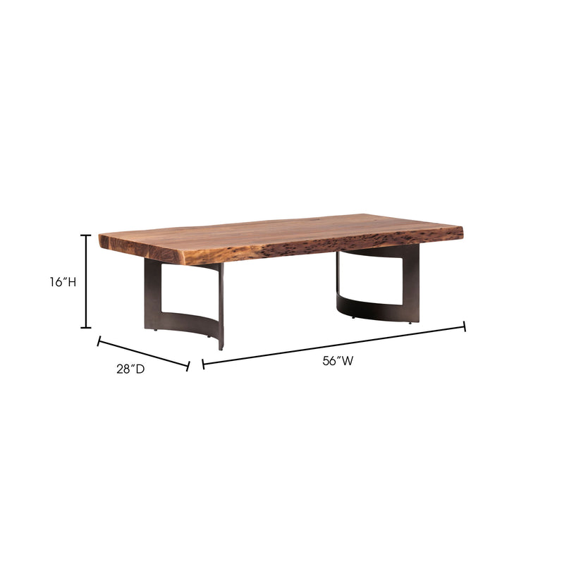 Smoked wood coffee table with metal legs, 56W x 28D x 16H dimensions