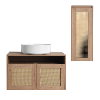 Floating bathroom vanity with rattan cabinet doors, white vessel sink, and side cabinet