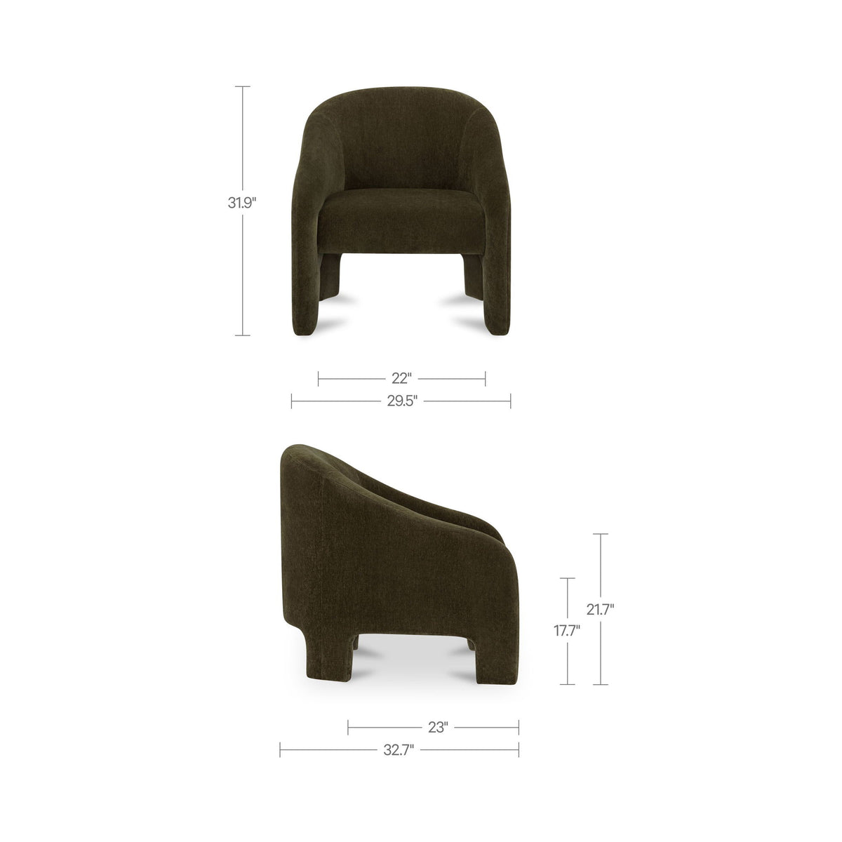 Green upholstered accent chair shown in front and side views with dimensions