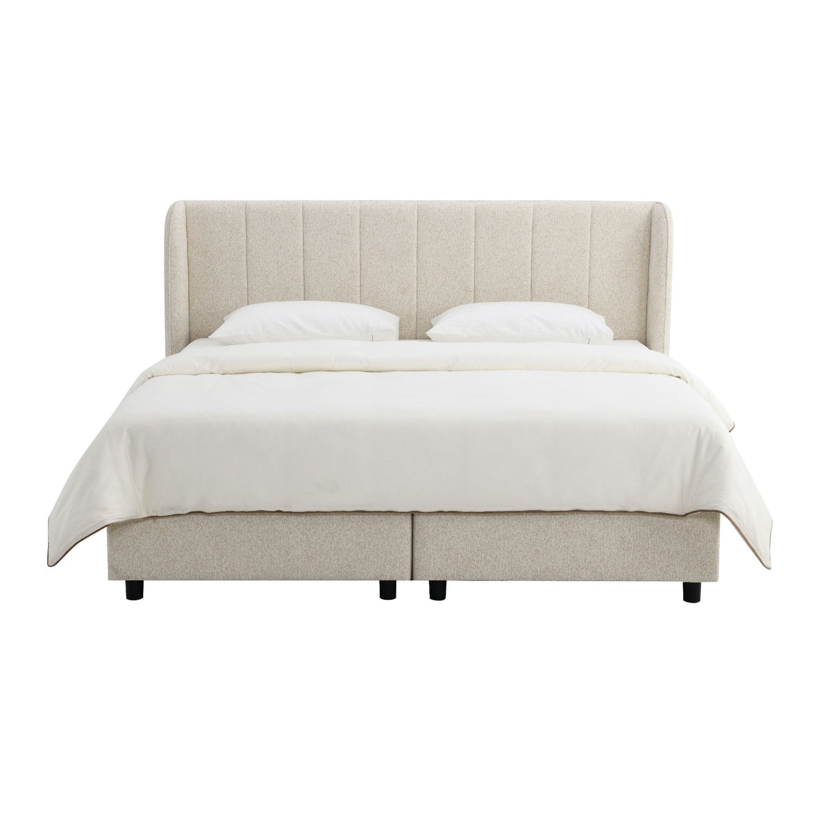 Beige upholstered platform bed with tufted headboard and fitted mattress