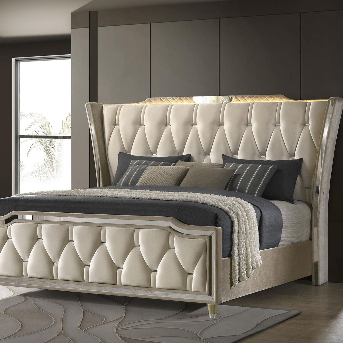 Lorient Eastern King LED Upholstered Bed Ivory and Camel