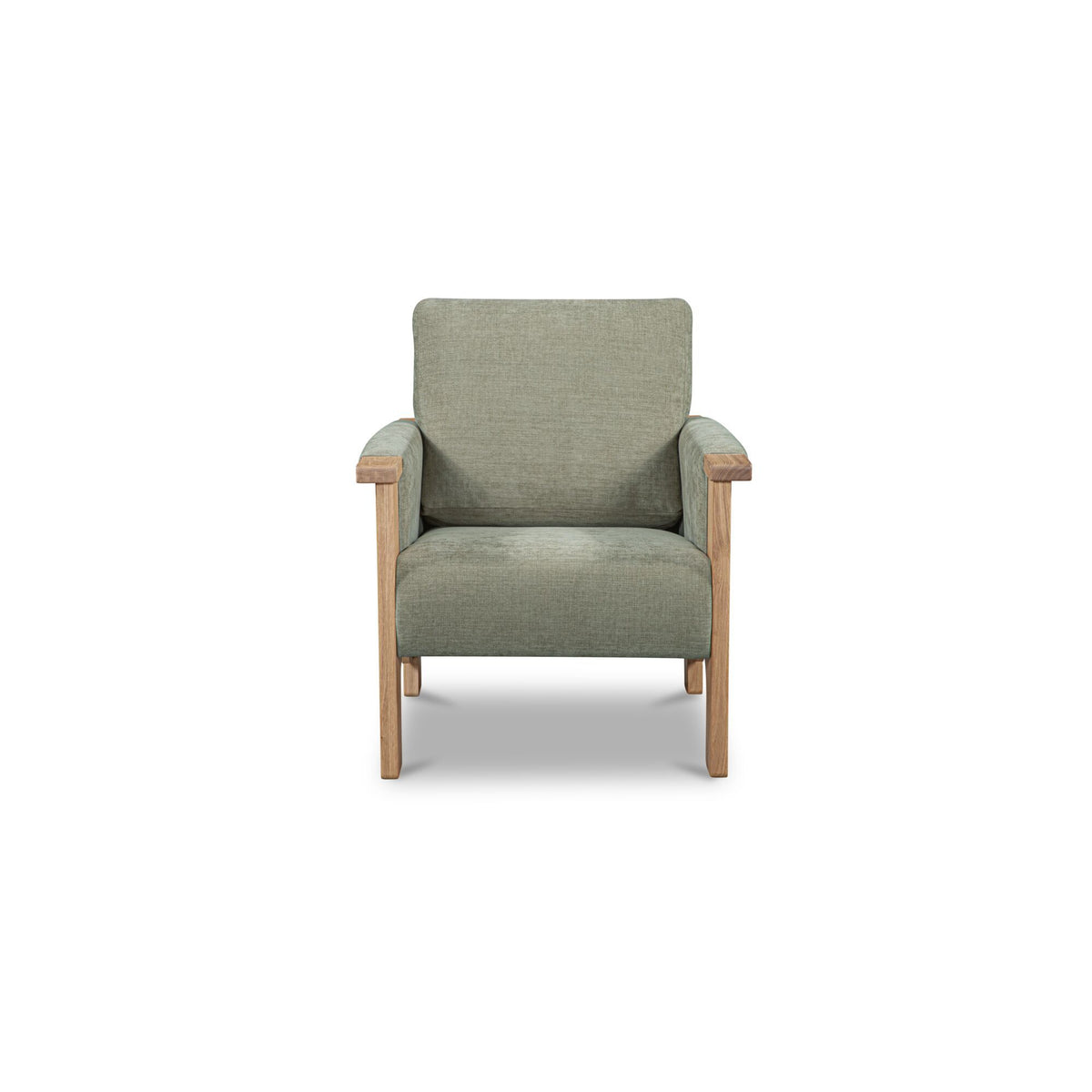 Sage green upholstered accent chair with light brown armrests and tapered legs.