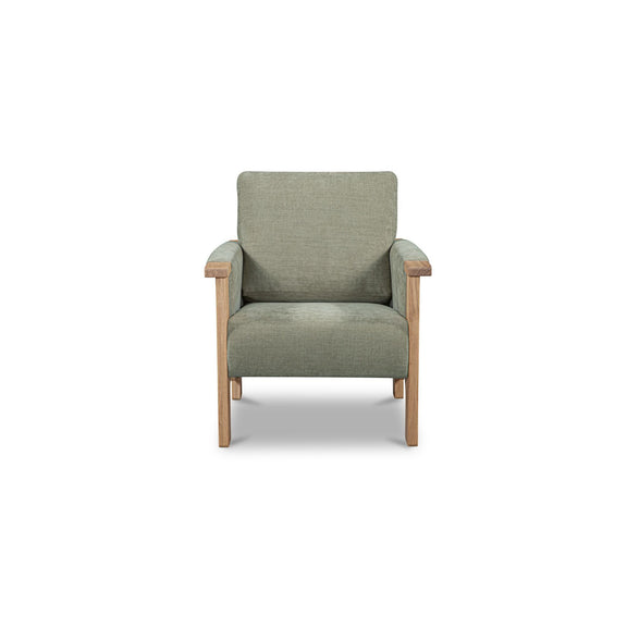 Sage green upholstered accent chair with light brown armrests and tapered legs.