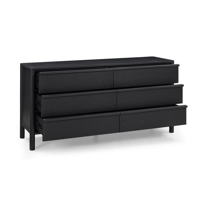 Black wood dresser with slanted legs and stacked drawer compartments