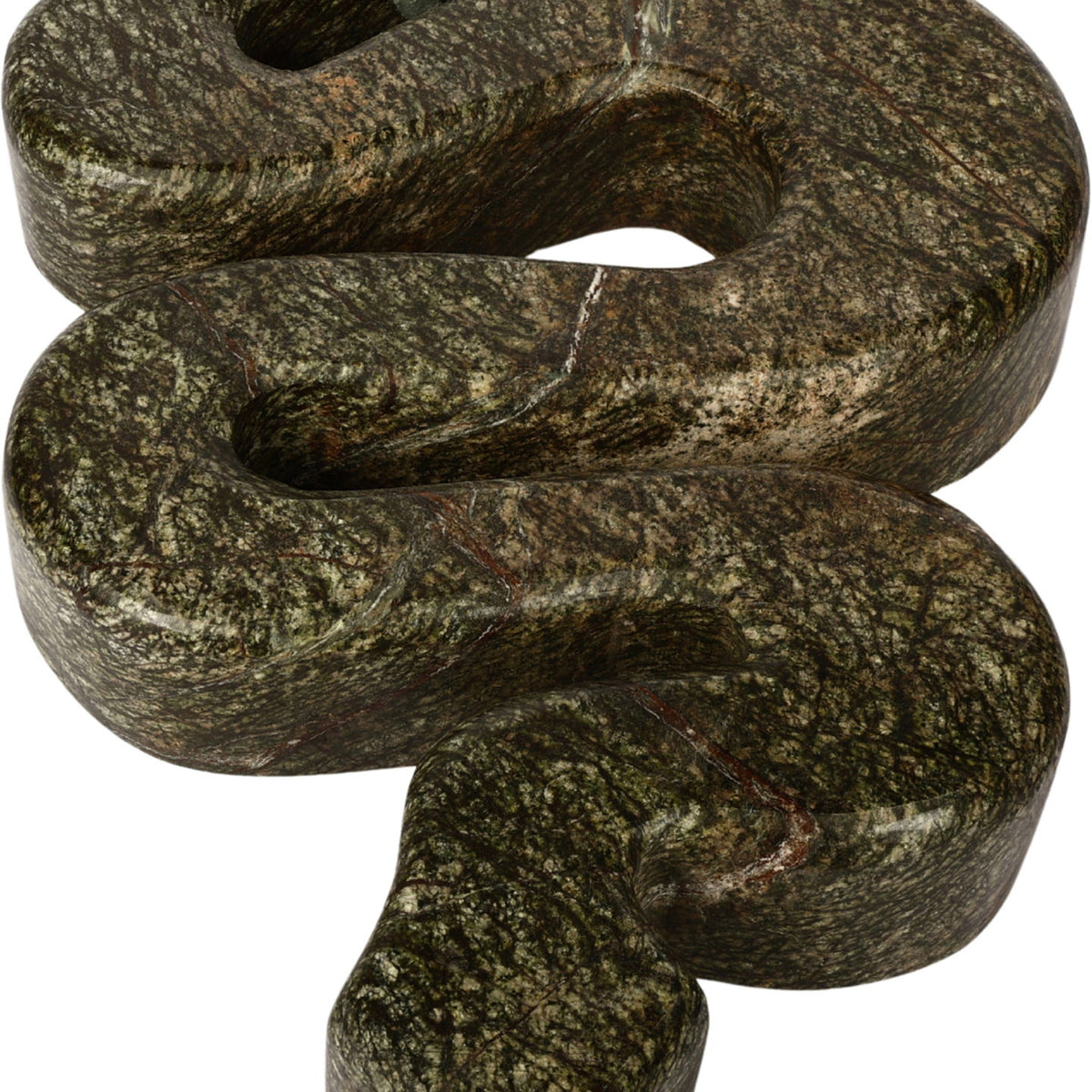 Marble sculptural tabletop object with twisted interlocking loops, dark green speckled