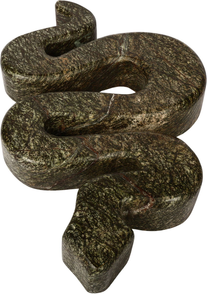 Marble sculptural tabletop object with twisted interlocking loops, dark green speckled