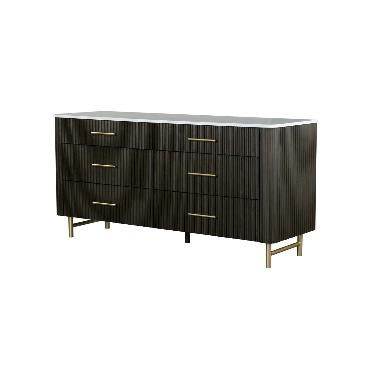 Espresso wood dresser with white marble top, five drawers, gold bar pulls, tapered legs.
