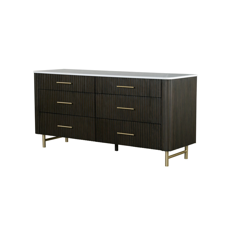 Espresso wood dresser with white marble top, five drawers, gold bar pulls, tapered legs.