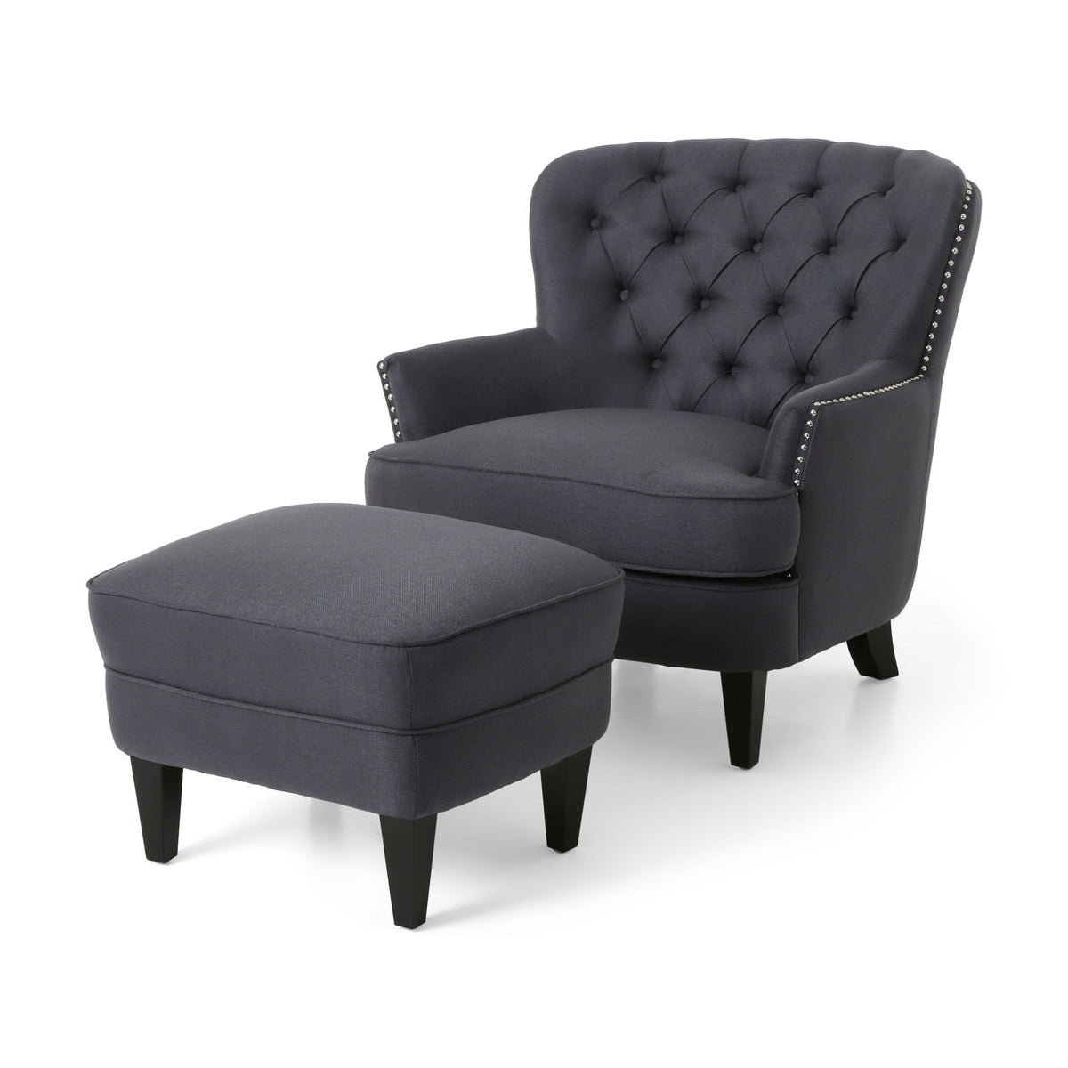 Tufted back club chair with matching ottoman, dark gray upholstery and nailhead trim
