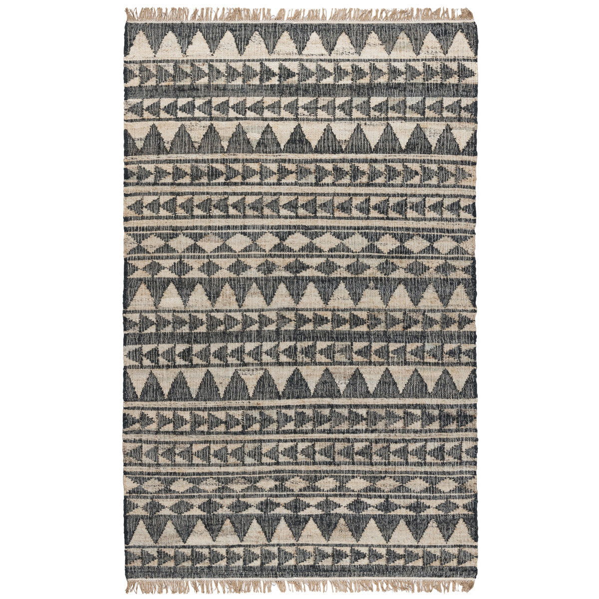 Black and natural distressed geometric rug with fringe border and stacked diamond pattern lines.