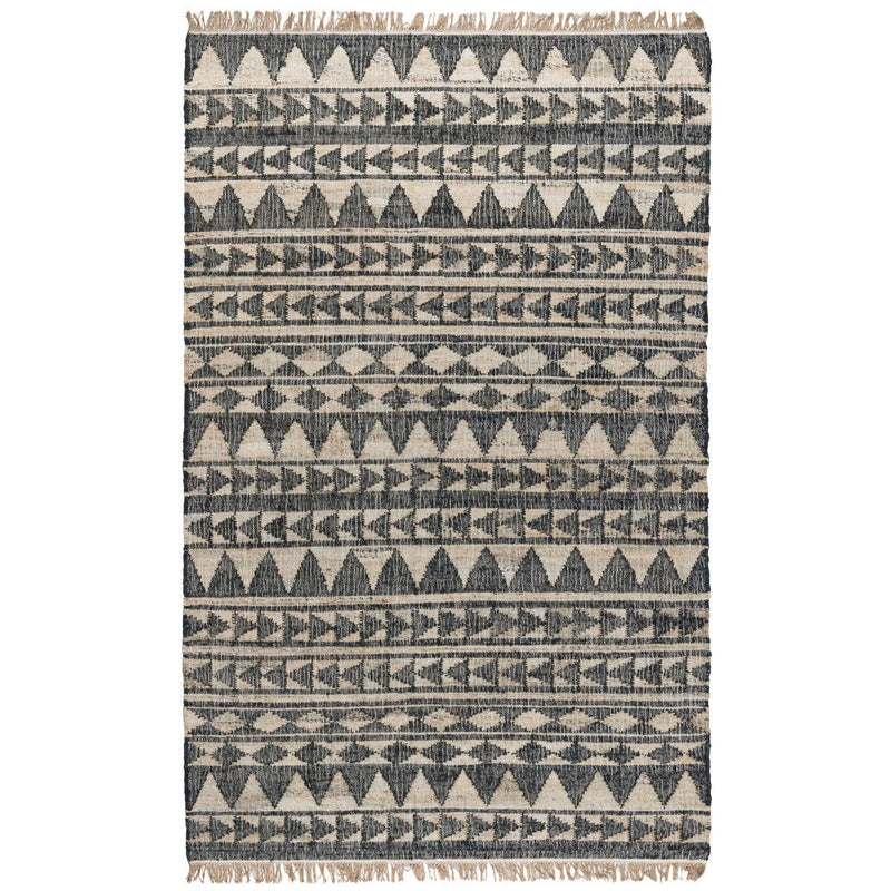 Black and natural distressed geometric rug with fringe border and stacked diamond pattern lines.